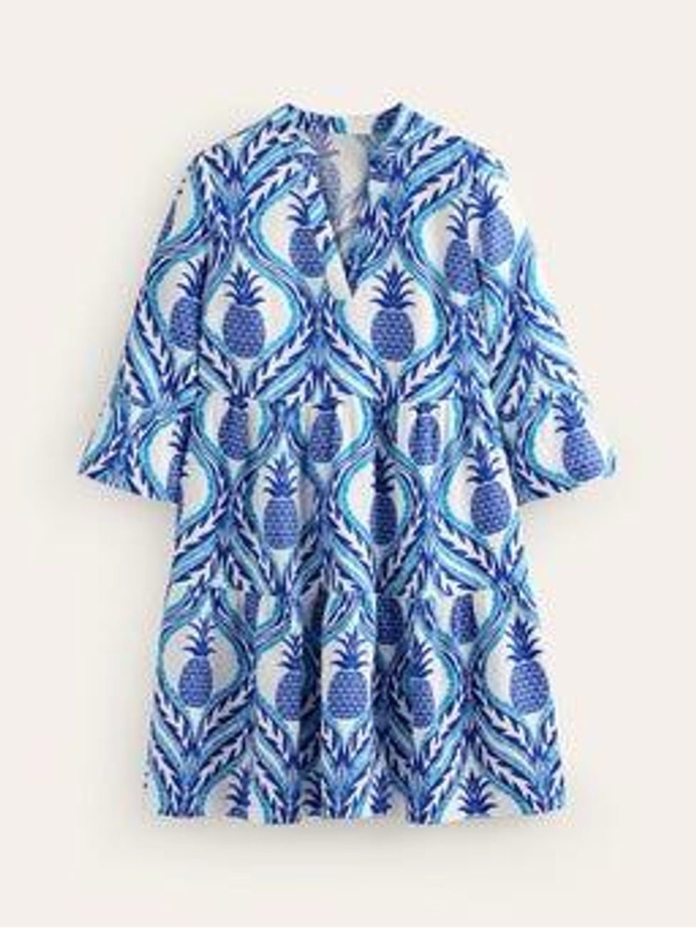 Boden Blue Pineapple-Print Tiered Midi Dress with Teal Accents